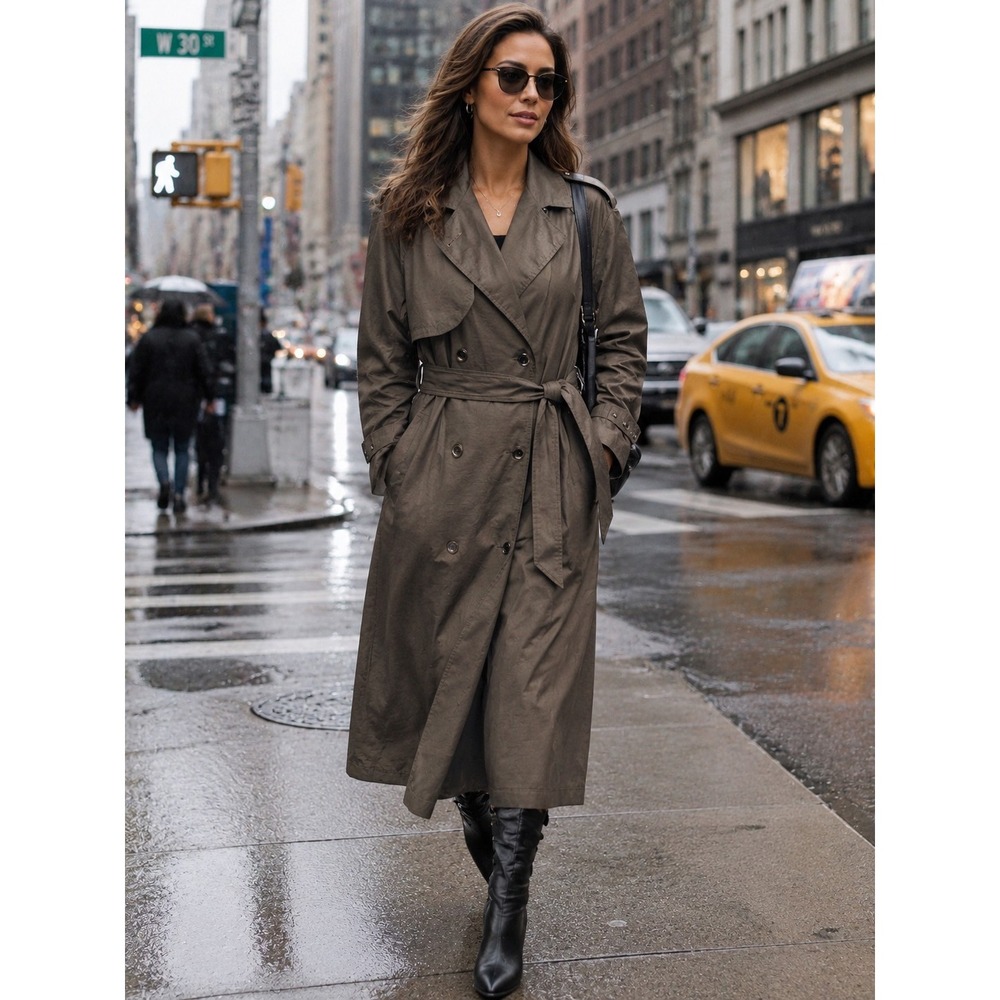 VTG Jones New York Trench Coat Petite 6 Double Breasted Belt Storm Flaps Epaulet
